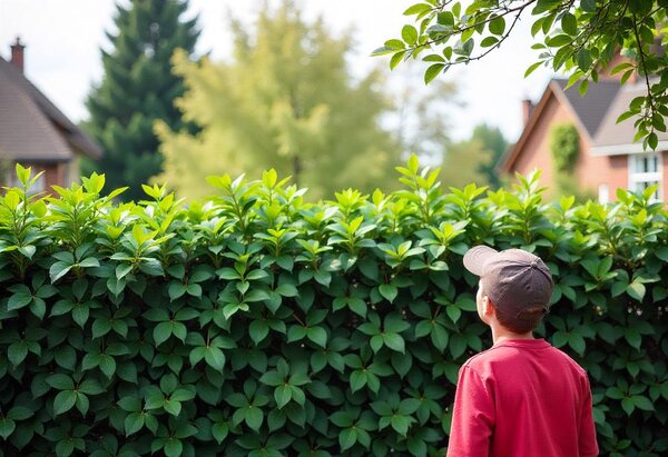 Ein Junge bewundert eine Hecke in seinem Garten.